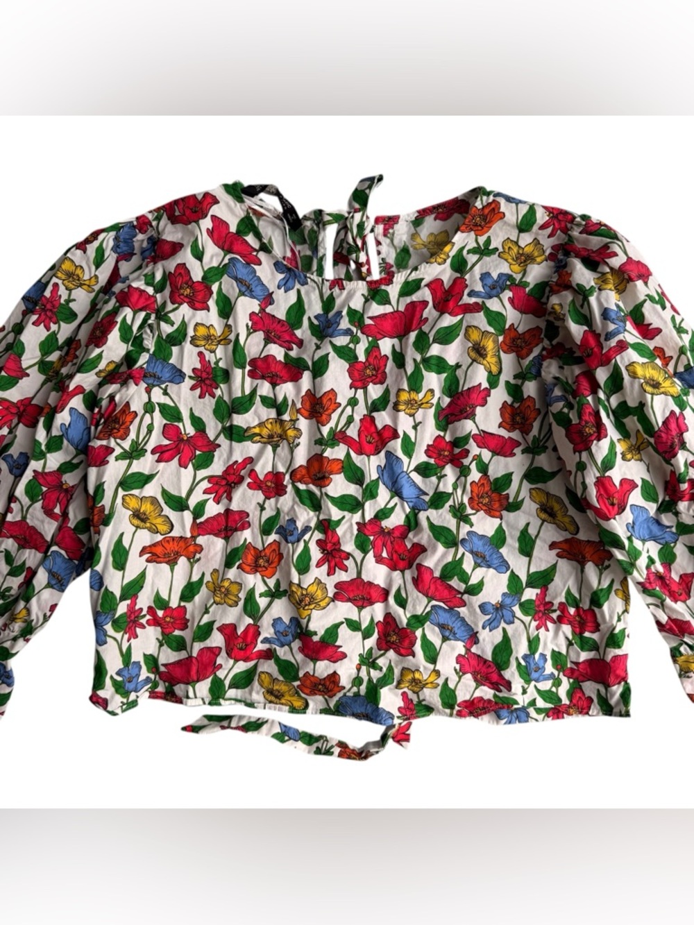 ZARA Basic Tie-Back Floral Puff Sleeve Top XL - Picture 7 of 9
